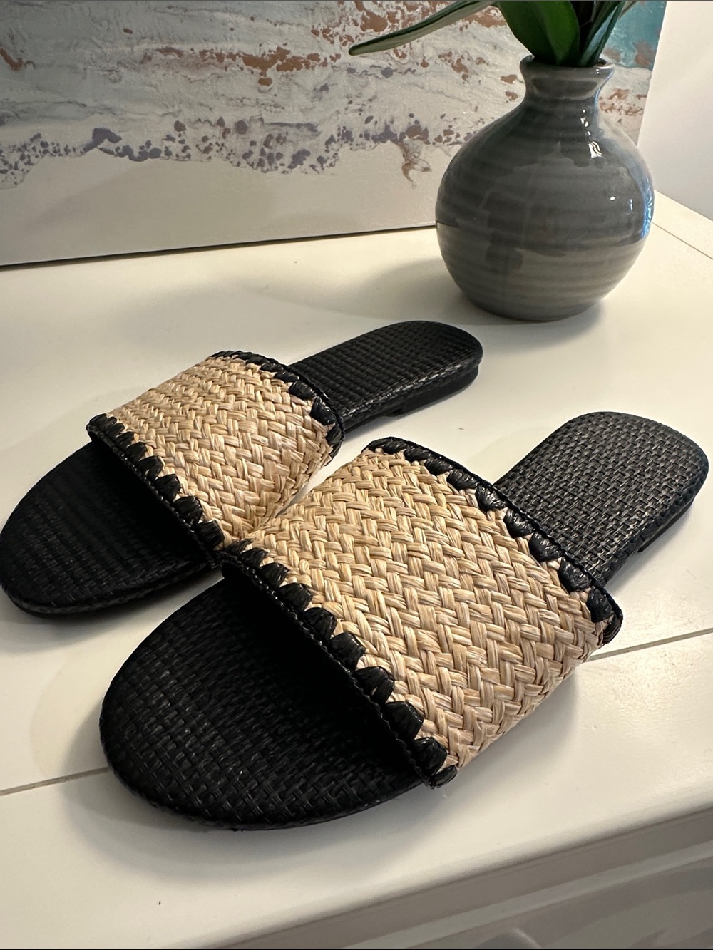 Woven Straw Slide Sandals - Black and Natural